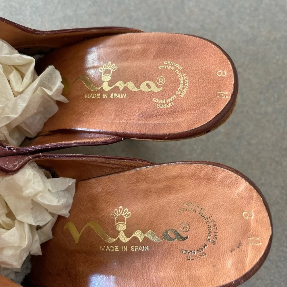 Vintage Nina Leather & Wood Heeled Clogs Size 8 - Picture 3 of 8